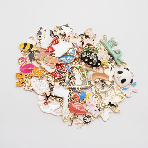 100pcs(50PAIRS) Assorted Animal Enamel Pendants Charms Dog Cat Bee Flamingo Giraffe Unicorn Enamel Charms for Bracelet Earring Necklace Making