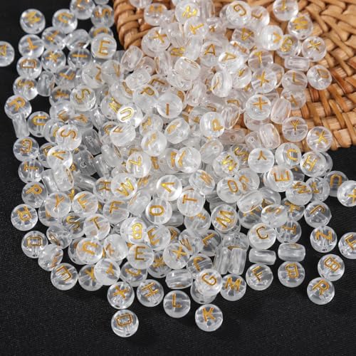 1000pcs Transparent Letter Beads Gold Alphabet Bead Acrylic Letters A-Z Beads Flat Round Transparent Craft Bead 4*7mm for Jewelry Making Friendship Bracelet Holiday Decorations(47 clear-gold) - color: 47 transparent-gold