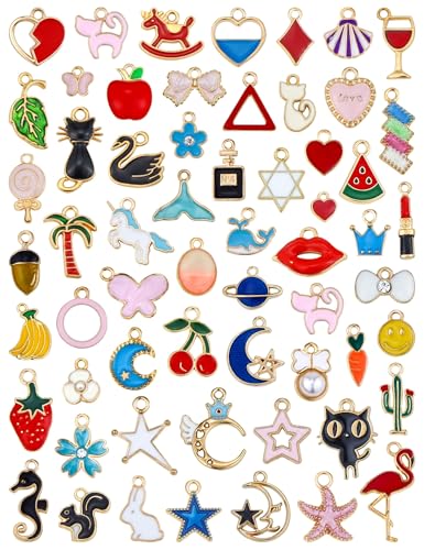 JIALEEY 60PCS Assorted Gold Plated Enamel Animal Moon Star Fruit Charm Pendant DIY for Necklace Bracelet Jewelry Making and Crafting