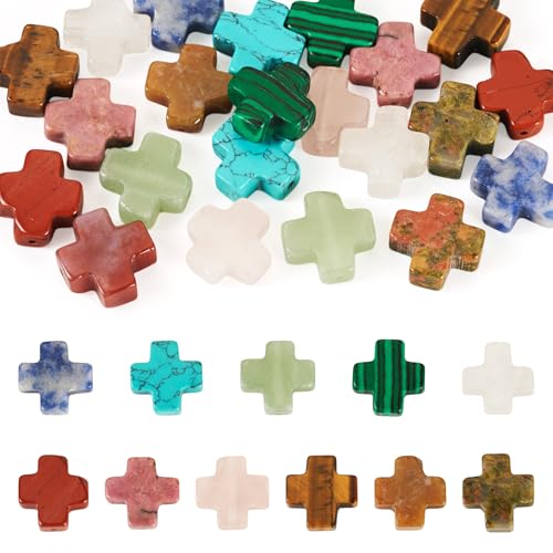 22 Pcs Natural Gemstone Cross Beads 12.5-13mm Cross Crucifix Beads Mixed Turquoise Bead Crystal Crucifix Charms for Easter Holiday Eid Mubarak Ramadan Jewelry Making - color: 11 Colors-Mix Stones