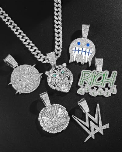 Lced Out Diamond Cuban Chain for Men | Hip Hop Miami Link Necklace Silver & Gold Plated Options with Pendant, 7-Pack Gift Set - color: Silver, size: 24 inches