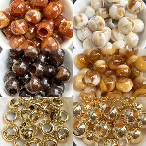 120Pcs African Hair Beads for Braids for Women Jumbo Hair Bead for Large Braids Brown Pony Beads for Braiding Jewelry Making Macrame Crafts Beading Supplies - color: dark brown, agate brown, ivory, wood color, gold heishi, gold round
