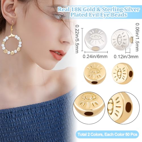 Beebeecraft 1 Box 100Pcs Evil Eye Spacer Beads Real 18K Gold & Sterling Silver Plated Alloy Flat Round Beads for DIY Necklace Jewelry Making - color: Gold, Sliver