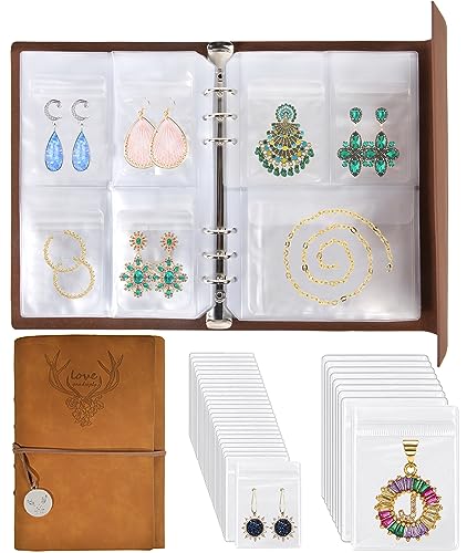 ChezMax Jewelry Organizer Book, Travel Earring Storage Case with Pockets, PU Leather Portable Jewelry Holder with Clear Bags for Necklace, Rings, Bracelets, Stud (76 Grids+76 Anti-Oxidation PVC Bags) - color: E-Deer Head Cover-Brown