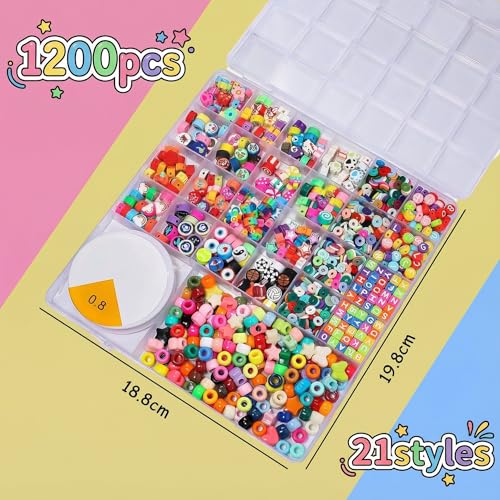 Yochus 1200pcs Clay Beads Bracelet Making Kit, 21Style Animal Butterfly Dog Fruit Flower Pony Candy Heart Star Rainbow Ball Space Sea Theme Letter Beads for Jewelry Making, Friendship Crafts Gifts