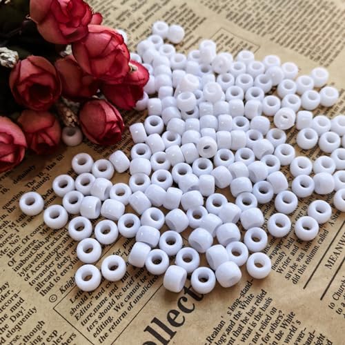 Amaney White Pony Beads with Storage Box 6x9mm Acrylic Beads 500pcs for Hair Braids Jewelry Making - color: White