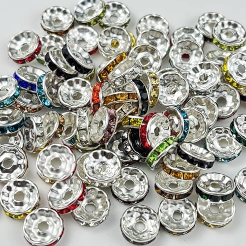 120pcs 6mm Rondelle Spacer Beads Silver Plated Crystal Rhinestone Spacer Loose Beads for Jewelry Making DIY Bracelets Necklace Earring Craft(Mix Colors) - color: Mix Colors, size: 6mm