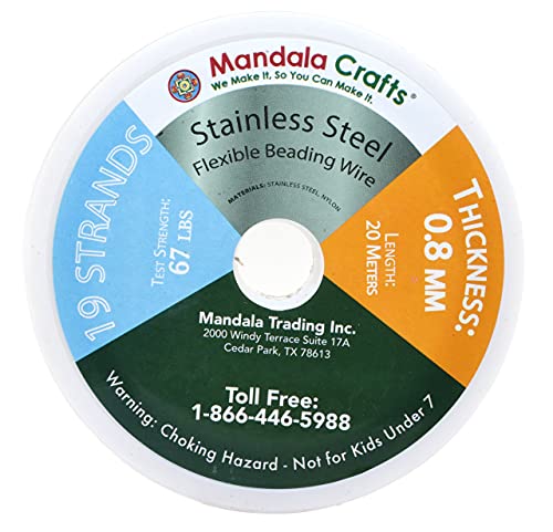 Mandala Crafts 19 Strand Beading Wire for Jewelry Making - 65 FT 20 Gauge Stainless Steel Braided Tiger Tail Wire for Bead Stringing - size: 19 Strands 20 Gauge 0.8MM 65FT