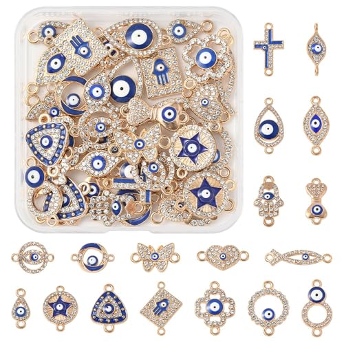 Assorted Metal Connectors Pendants Charms for Jewelry Making with Double Loops Flower Evil Eyes Butterfly Heart Cross Links Golden Pendants for Necklaces Bracelets Earrings - color: Evil Eys- 36pcs