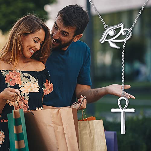 Long Necklace Sterling Silver Larait Bar Y Lariat Long Chain Drop Adjustable Necklace Gift for Her, 30" - style: Long Eye of Horus Necklace