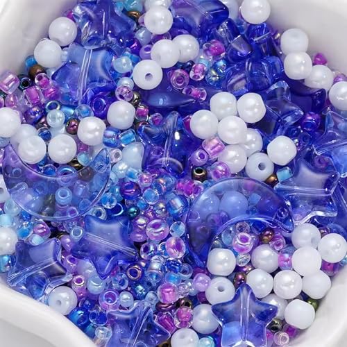 Mixed Star Moon Crystal Glass Beads Seedbeads Loose Round Pearl Beads for Jewelry Making Craft Bracelets Necklaces Earrings DIY Crafts Projects Purple Blue Glass Spacer Bead Kits for Crafts - color: Blue Purple