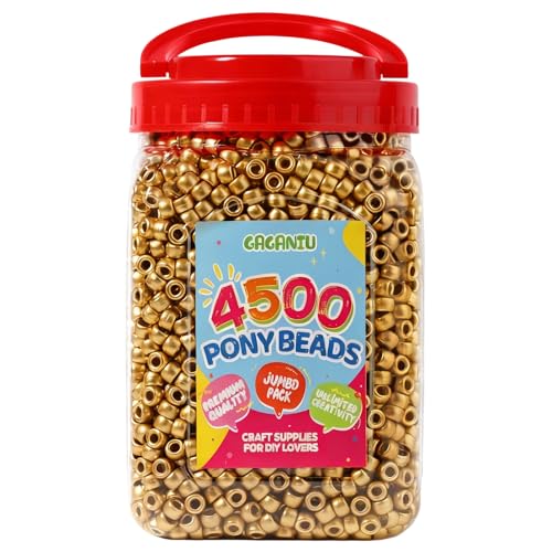 Golden Pony Beads for Bracelet Making 4500pcs Plastic Beads Bulk for Hair Braiding DIY Crafts Kandi Jewelry Key Chains and Ornaments Decorations Boxed - color: Golden, size: Large