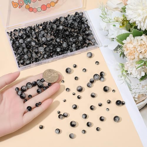 1 Box 450PCS 4/6/8/10MM Black Round Crackle Beads with Holes Glass Crack Crystal Sparkle Ink Small Spacer Loose Bead Bulk for Jewelry Making Necklaces Bracelets Earrings DIY Craft Supplies - color: Black