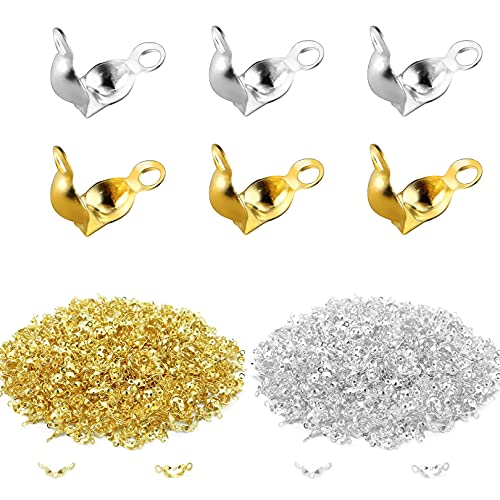 1600Pcs Bead Tips Knot Covers Clamshell Fold-Over Bead Tips Knot Covers Metal Open Bead Tips Knot Covers Iron Clamshells Terminators Wire Crimp End Caps for Jewelry Making Craft DIY,2 Color - color: Gold and Silver