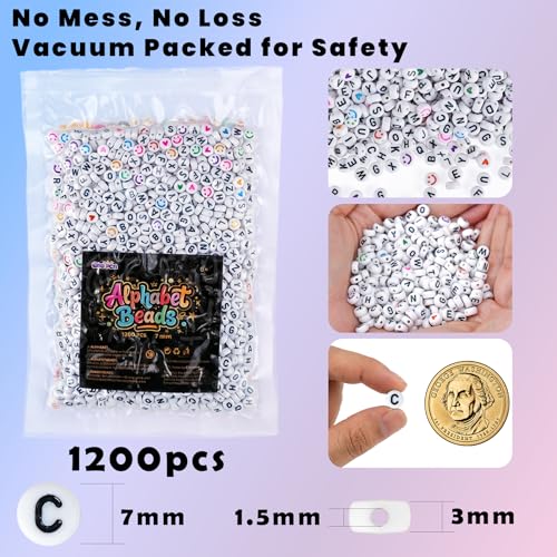 Gionlion 1200+Pcs Letter Beads for Bracelet Making, Round Alphabet Beads for Jewelry Making with Colorful Smile and Heart Beads, DIY Friendship Bracelets with 4x7mm White Beads with Black Letters - color: Black