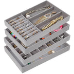 Set of 4 Stackable Velvet Jewelry Trays for Drawers,Grey Jewelry Drawer Inserts with Removable Dividers, Velvet Jewelry Container Display Case Storage for Earring Necklace Rings Bracelet
