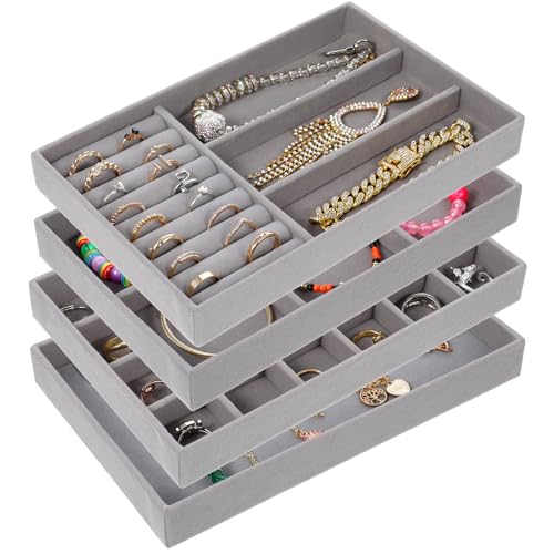 Set of 4 Stackable Velvet Jewelry Trays for Drawers,Grey Jewelry Drawer Inserts with Removable Dividers, Velvet Jewelry Container Display Case Storage for Earring Necklace Rings Bracelet