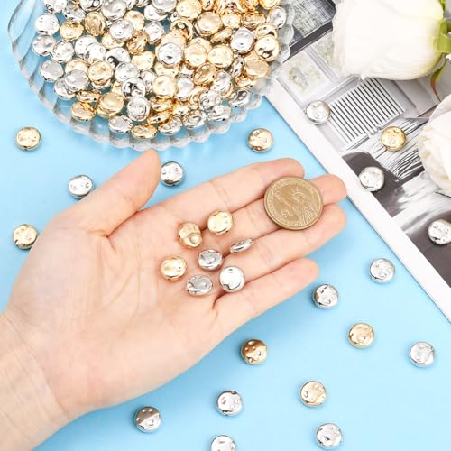 1 Box 200PCS Flat Round Plastic Beads with Small Holes Assorted Light Gold Silver Handmade Spacer Loose Platinum Bead Charms Bulk for Jewelry Making Necklaces Bracelets DIY Craft Supplies - style: Round