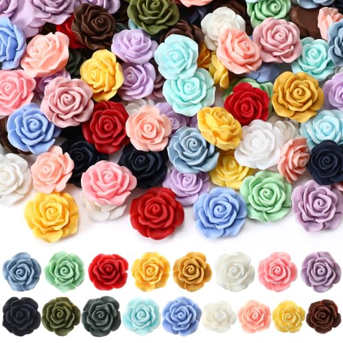 Giegxin 200pcs Flatback Resin Rose Flower Charms Flower Beads Cabochons 17mm 20mm Undrilled Random Mixed Colors Charms Floral Decor for DIY Craft Phone Case Scrapbooking Necklace Hair Clip Decor