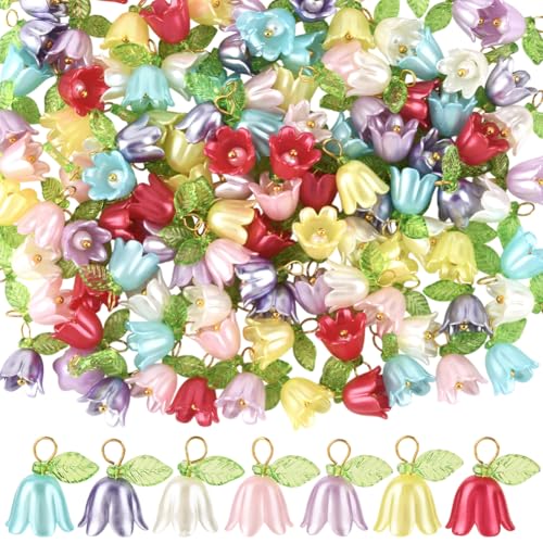 SUNNYCLUE 1 Box 120Pcs Plastic Flower Charms Tulip Charm Bulk Acrylic Leaf and Flower with Golden Brass Findings Trumpet Spring Floral Pendants for Jewelry Making Crafts Necklace Bracelet Earring - style: Flowe 4