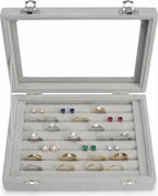 Jewelry Box Rings Organizer Tray 7 Slots Velvet Jewelry Earring Storage Box With Transparent Lid Jewelry Display Case for Girls Women (Gray) - color: Gray