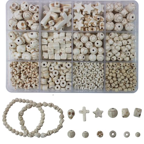 Turquoise Beads Sets for Bracelet 1183pcs Cross-Skull Head-Heishi Space Howlite Turquoise Rocks Stone Assortment Beads for DIY Crafts-Necklace-Charms- Jewerly Making (White Set) - color: White Set