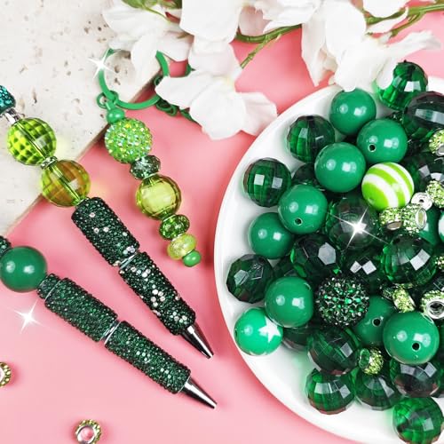 106 Pcs 20mm Beads for Pens Making with Rondelle Spacer Beads Dark Green Acrylic Focal Bubblegum Bead Crystal Round Sparkly Chunky Bead for Pens Beadable Keychain DIY Craft Jewelry Making Supplies - color: Dark Green