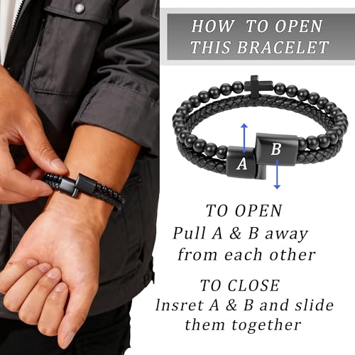 Mens Bracelet Fathers Gifts Day Black Braided Leather Stainless Steel Cross Jewelry Charming Bracelet Embedded with Black Agate Beads,Perfect for Wedding, Parties, and Everyday,Bible Verse Christian Religious Gift(7.5/8.5/9 Inch) - color: C+black+9