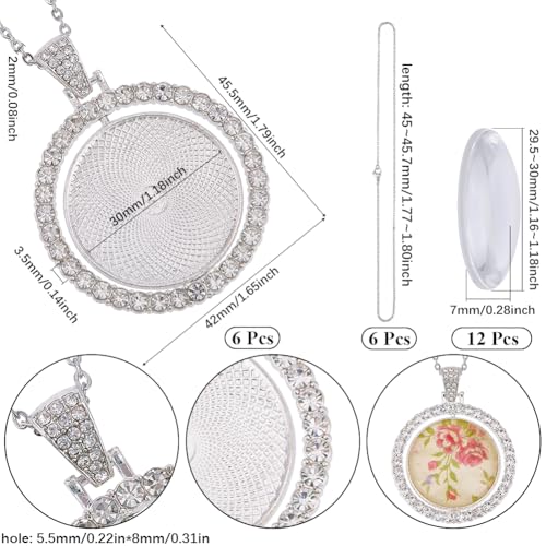 1 Box 24Pcs 30mm Round Rhinestone Trays Pendant Set Round Bezel Pendant Trays Glass Cabochon Blanks Double Sided Rotatable Tray with Silver Chains for Jewelry Making Supplies DIY Necklaces