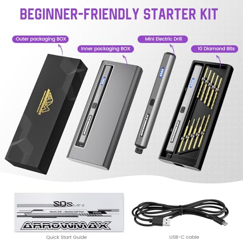 Mini Electric Drill Pen, 13 in 1 with Aluminium case, Rechargeable, 900 RPM, Needle Vise Hand Drill Kit, 10 HSS Bits, DIY, Wood, Jewelry Making (SDS MINI) - style: SDS MINI
