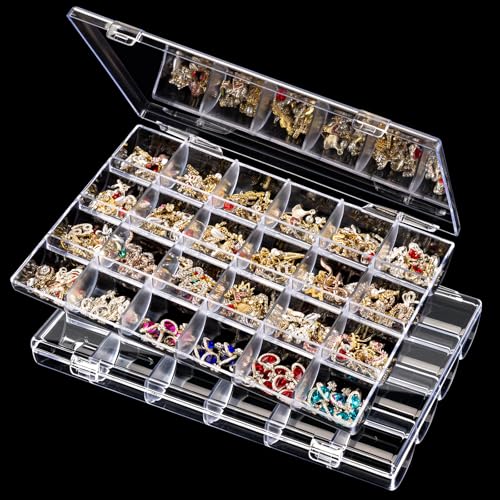 2 Pack 24 Grids Clear Plastic Boxes for Organizing, Beads Organizer Box with Dividers Bead Containers Nail Charm Organizer for Craft Collection, Container with Dividers Box for Organizing Nail Charms - size: 24 Grids - 2 Packs