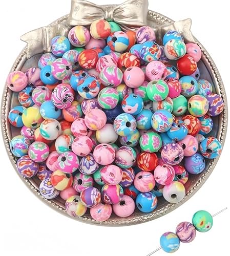 DAHI 100pcs 12mm Round Polymer Clay Beads Assorted Colorful Painted Flower Beads Handmade Loose Beads for Jewelry Making （12mm） - size: 12x12mm
