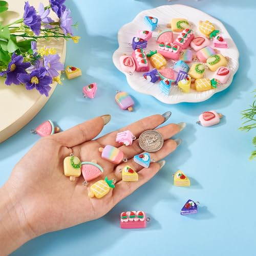 Cheriswelry Cup Cake Resin Pendants Lovely Food Sweet Dessert Dangle Charms Links Hanging Ornament with Metal Loop Fruit Pendants for Key Chains Bracelet Necklace Jewelry Making - color: Ice Lolly & Cake Roll-Mixed Color