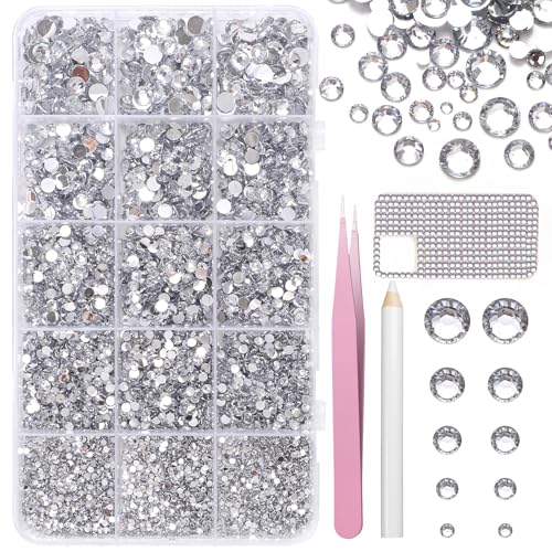 16000 Pcs Resin Rhinestones for Crafting, Flatback White Gems Jelly Rhinestones, Mixed Sizes White Bedazzling Crystal with Pickup Tool for DIY Crafts Clothing Tumblers Mugs Shoes Fabric Nail Art - color: Set-12