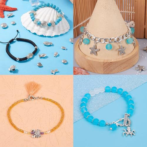 Fashewelry 60pcs Ocean Animal Tibetan Loose Spacer Beads Turtle Shell Fish Antique Silver Sea Life Creatures Alloy Western Beads for Necklace Bracelet Earring Craft Jewelry Making Supplies - color: Antique Silver, 12 Styles
