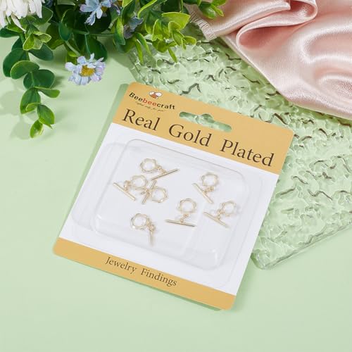 Beebeecraft 1 Box 10Pcs Toggle Clasps T-bar Closure Connectors Real 18K Gold Plated Flower Shape OT Toggle Necklace Fastener Clasp Buckle Link Findings for Jewelry Making Pendants Bracelets - color: Gold