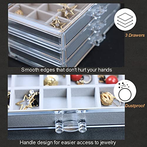 YUFONG Earring Organizer Box Acrylic Jewelry Organizer with 3 Drawers 54 Adjustable Grids Clear Stackable Earring Holder Velvet Trays Ring Display Case for Women Girls (Gray) - color: Gray