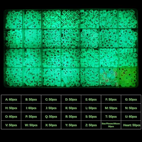 Melius 1450Pcs Acrylic Glow Letter Beads, Alphabetical Glowing in The Dark Beads in 28 Grid Box for Jewelry Making, DIY Bracelets, Necklaces, Key Chains (Glowing, 4x7mm) - color: Glowing, size: 4x7mm