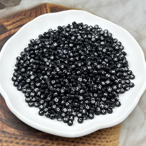 1000pcs Round Letter Beads 4x7mm Acrylic Alphabet Beads Spacer Beads for Jewelry Making Bracelets Necklace Earring Key Chains DIY Craft(L-White Letter Black Bead) - color: L-White Letter Black Bead