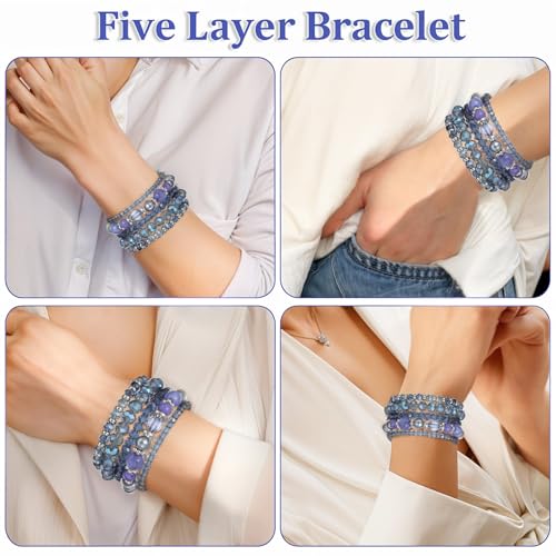 5Pcs Beaded Bracelets for Women, Bohemian Glass Faceted Crystal Beads Bracelet, Stackable Boho Disco Ball Stretch Bracelets, Multilayered Purple Jewelry Gift for Women, Mother's Day - color: Blue