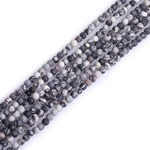 4mm Matte Natural Black Web Picasso Jasper, 15 Inch Strand 95 Beads, Frosted Round Stone Gemstone Spacer Beads for Jewelry Making Bracelet Necklace Earrings - color: Black Web Webbed, size: 4mm