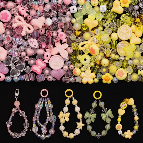 LAIDANLA Pink and Yellow Assorted Acrylic Beads for Bracelets Jewelry Making, Aesthetic Cute Beads Flower Star Heart Bow Butterfly Bear Candy Random Mix Beads for DIY Necklace Keychain 160g - color: 2 Colors Series-Pink+Yellow