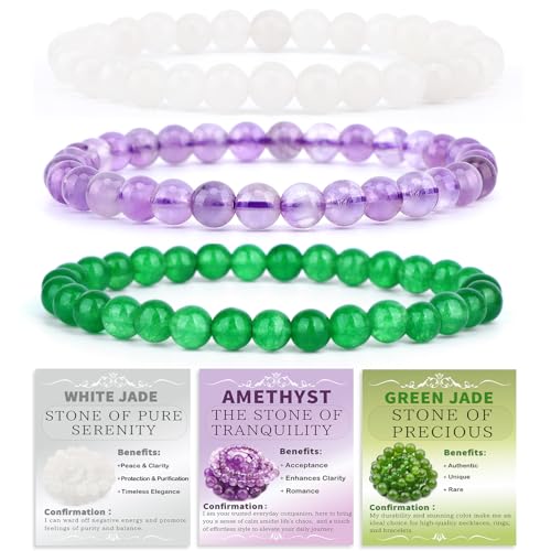2/3-Pieces 4mm 6mm 8mm Natural Crystal Gemstone – Handmade Reiki Energy Healing Stretch Bracelets Jewelry for Yoga, Meditation, Unisex - color: 3 Pieces (Amethyst&GreenJade&WhiteJade), size: 6mm