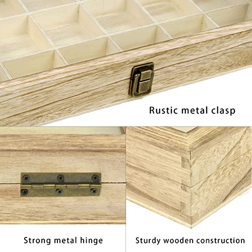 Mooca Wooden Display Storage Case with Tempered Glass Lid for Jewelry and Beads with 18 Compartments Tray, Oak Color, 15" W x 8 3/4" D x 2" H - color: Oak