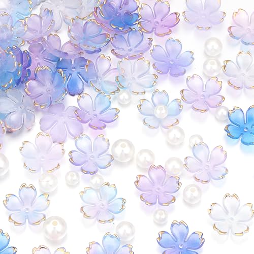 100Pcs Cherry Blossom Acrylic Flower Beads, 5-Petal Gold-Plated Gradient Floral Bead with 90Pcs Multi-Size Beige Pearls for Necklaces Bracelets Earrings Adult Jewelry Making (Blue-Purple Gradient - color: Blue-Purple Gradient, size: Flower & Pearl Beads