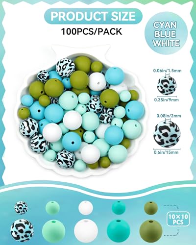 100PCS FIVEIZERO Silicone Beads for Keychain Making, 9mm & 15mm Cyan Blue White Mixed 5 Colors Silicone Focal Beads for Bracelets, Beadable Pens and DIY Crafts - color: Cyan blue White