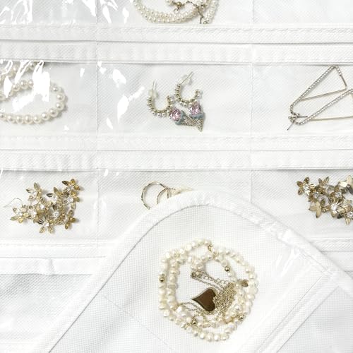 1 Pack Hanging Jewelry Organizer 80-Pocket Dual-sided Jewelry Storage for Earring Necklace Bracelet Ring Travel Holder, White - color: White