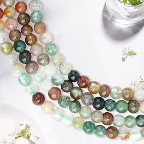 1 Box 652pcs 4 Strands Indian Agate Round Beads Colorful Gemstone Mixed Color Polished Moss Spacer Loose Stone Rondelle Bead Strand for Jewelry Making Bracelet Necklace DIY Craft Supply