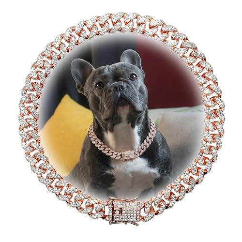 Length Adjustable Dog Chain Collar Diamond-Studded Cuban Link 13mm Wide Dog Necklace Jewelry Accessories 4 Colors 8-30in for Small Medium Large Dogs/Cats (Rose Gold, 20in) - color: Rose Gold, size: 20in