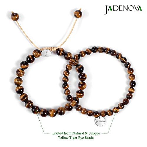 JADENOVA Natural Bead Bracelet Semi Precious Gemstone Beaded Bracelet for Women Healing Crystal Stone Stretch Bracelet Men Couple Bracelets (2pcs,6-8mm/8-10mm) - color: Yellow Tiger Eye, size: 6mm/8mm